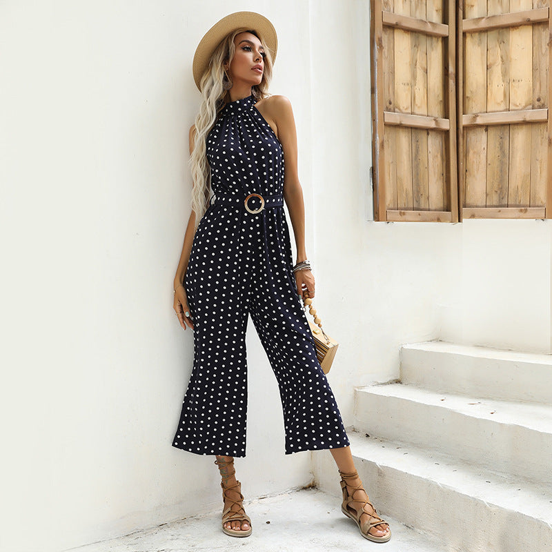 Polka Dot Print Suspender Wide Leg Black Jumpsuit Image 2