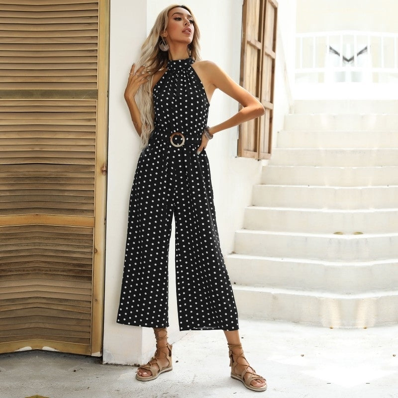 Polka Dot Print Suspender Wide Leg Black Jumpsuit Image 4