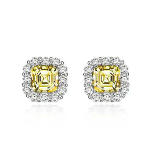 Paris Jewelry 24k White Gold 3Ct Cushion Cut Created Yellow Sapphire CZ Halo Stud Earrings Plated Image 1