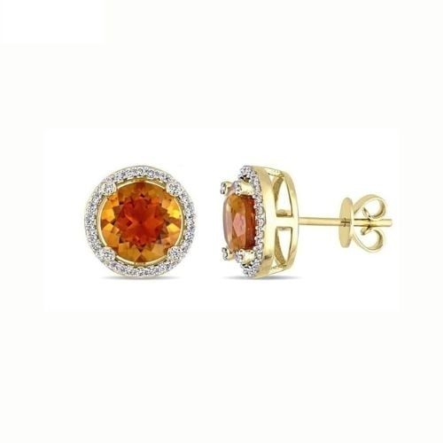 18K Yellow Gold Plated Halo Created Champagne Sapphire CZ 3CT Stud Earrings Image 1