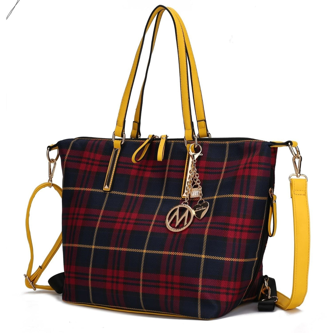 MKF Collection Layla Multi-Functional Shoulder Bag Women Tote Bag Plaid Convertible Backpack By Mia K Image 7