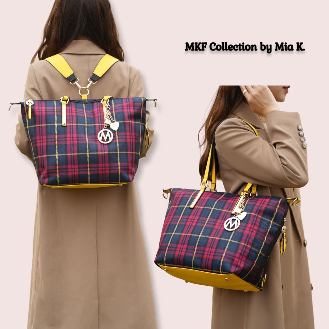 MKF Collection Layla Multi-Functional Shoulder Bag Women Tote Bag Plaid Convertible Backpack By Mia K Image 1