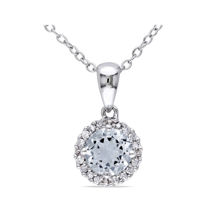 3/4 Carat (ctw) Aquamarine Halo Pendant Necklace in Sterling Silver with Chain Image 1