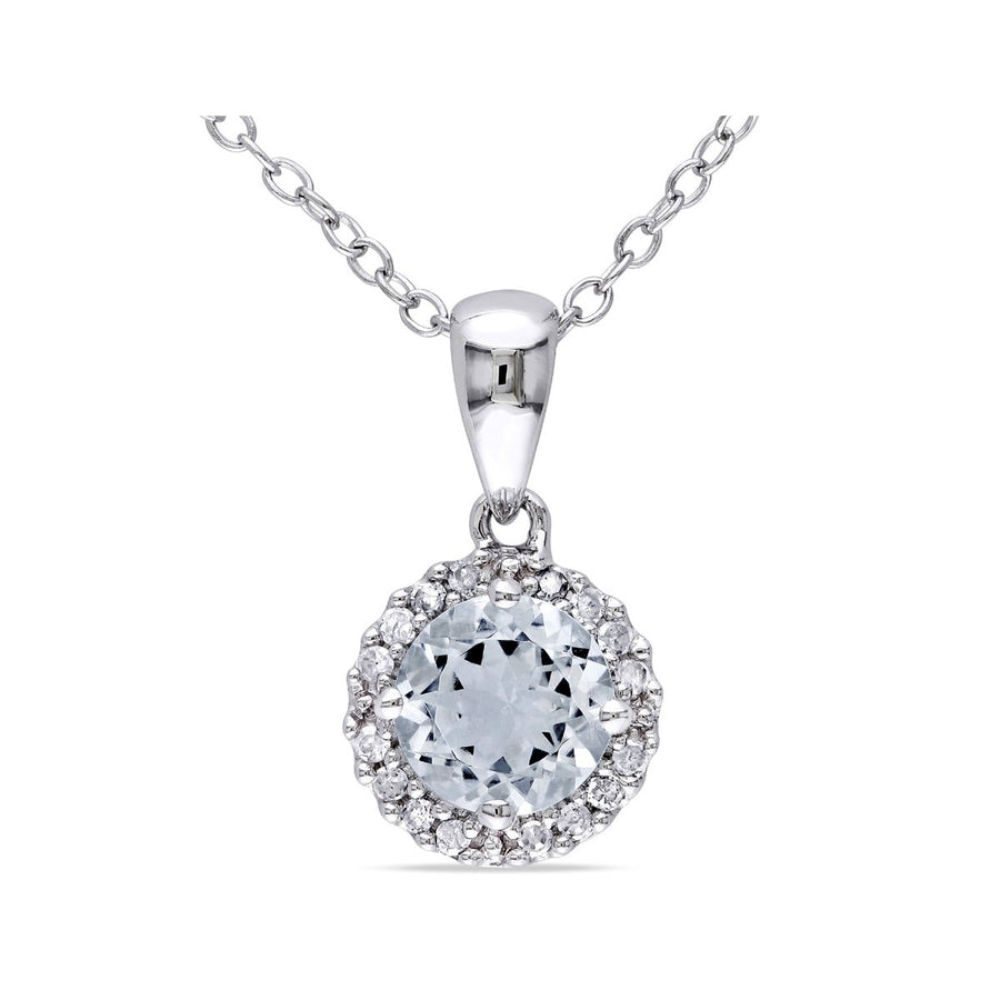 3/4 Carat (ctw) Aquamarine Halo Pendant Necklace in Sterling Silver with Chain Image 1