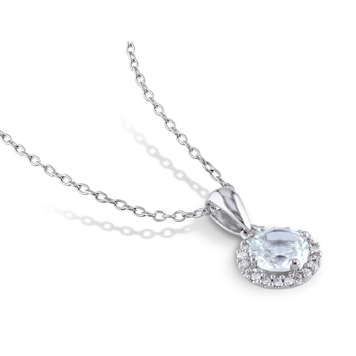 3/4 Carat (ctw) Aquamarine Halo Pendant Necklace in Sterling Silver with Chain Image 3