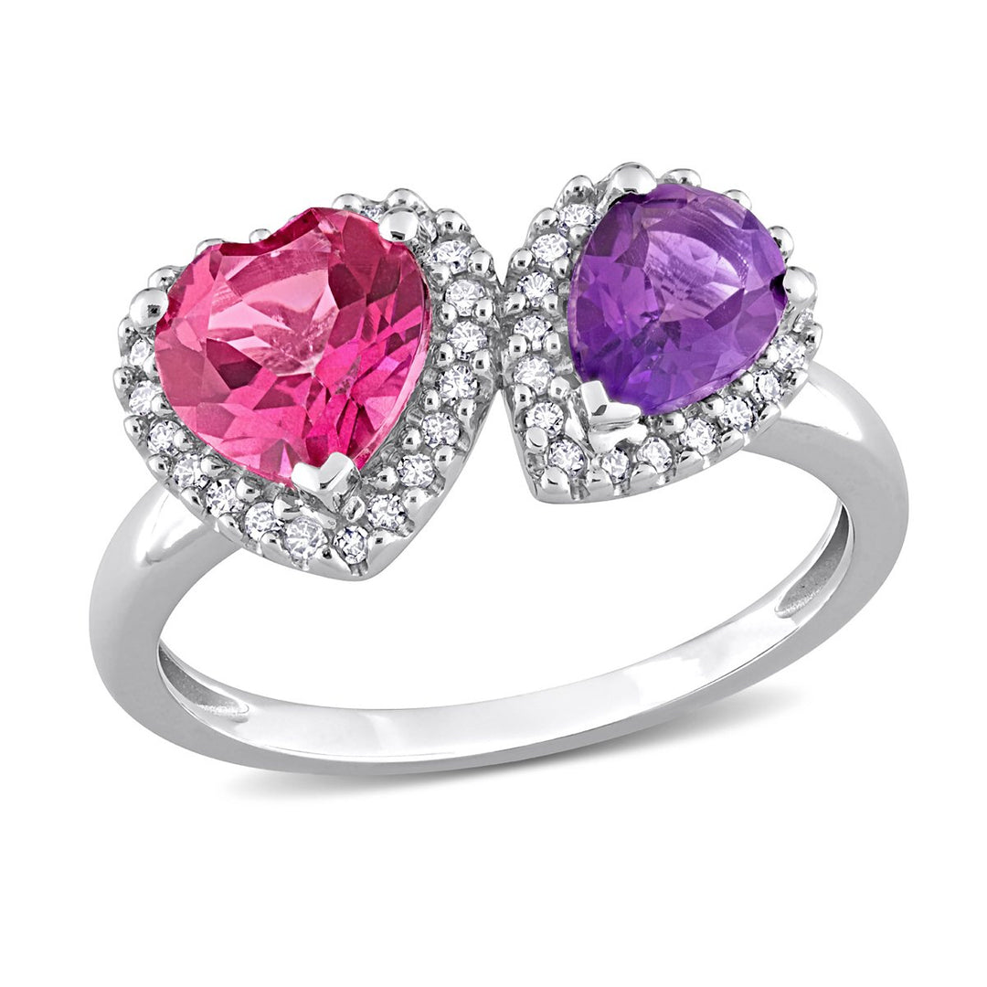 2.10 Carat (ctw) African Amethyst and Pink Topaz Heart Ring in 14K White Gold with Diamonds Image 1