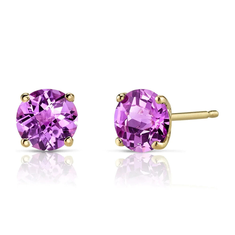 10k Yellow Gold Plated 2 Carat Round Created Pink Sapphire CZ Stud Earrings Image 1