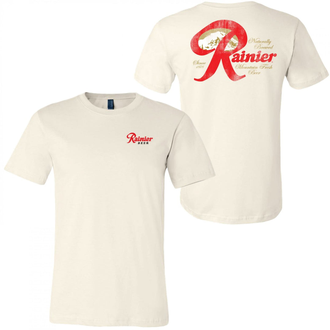 Rainier Mountain Fresh Beer Distressed Front and Back T-Shirt Image 1