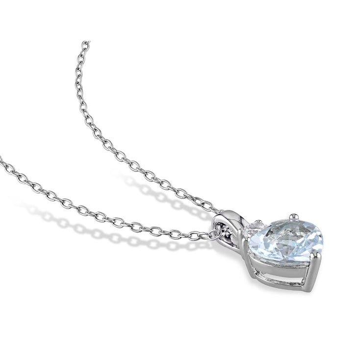 1.50 Carat (ctw) Aquamarine Heart Solitaire Pendant Necklace in Sterling Silver with Chain and Lab-Created White Image 3