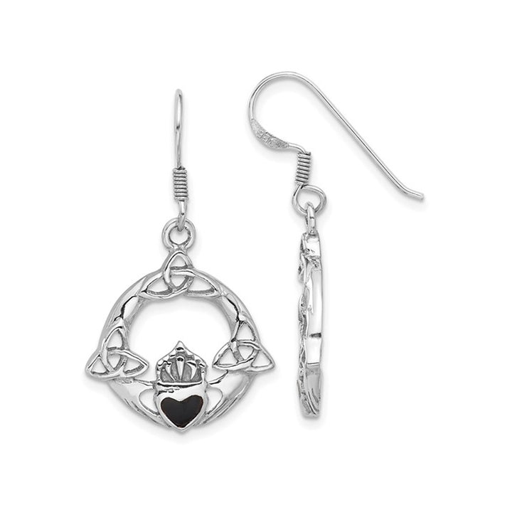 Sterling Silver Polished Claddagh Dangle Earrings with Black Onyx Image 1