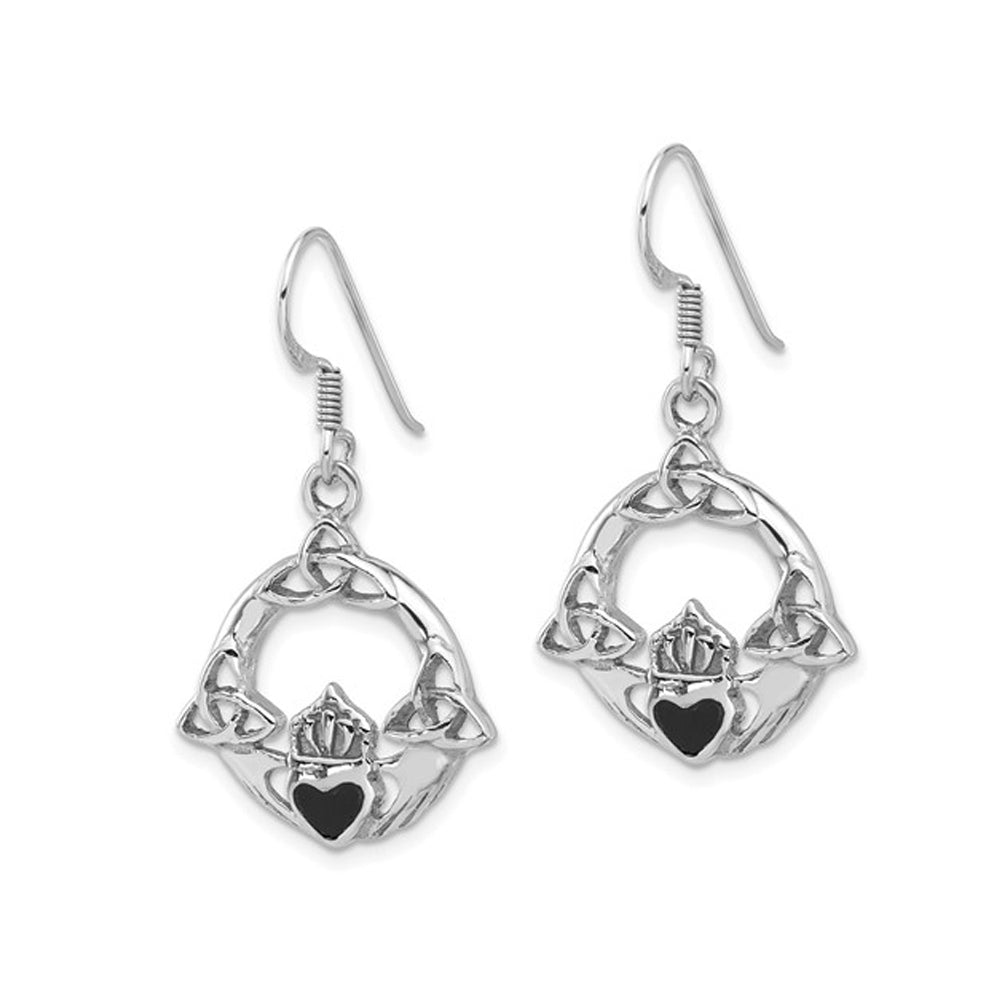 Sterling Silver Polished Claddagh Dangle Earrings with Black Onyx Image 3