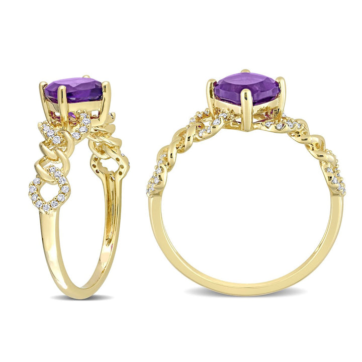 4/5 Carat (ctw) African Amethyst Cushion-Cut Link Ring in 10K Yellow Gold with Diamonds Image 3