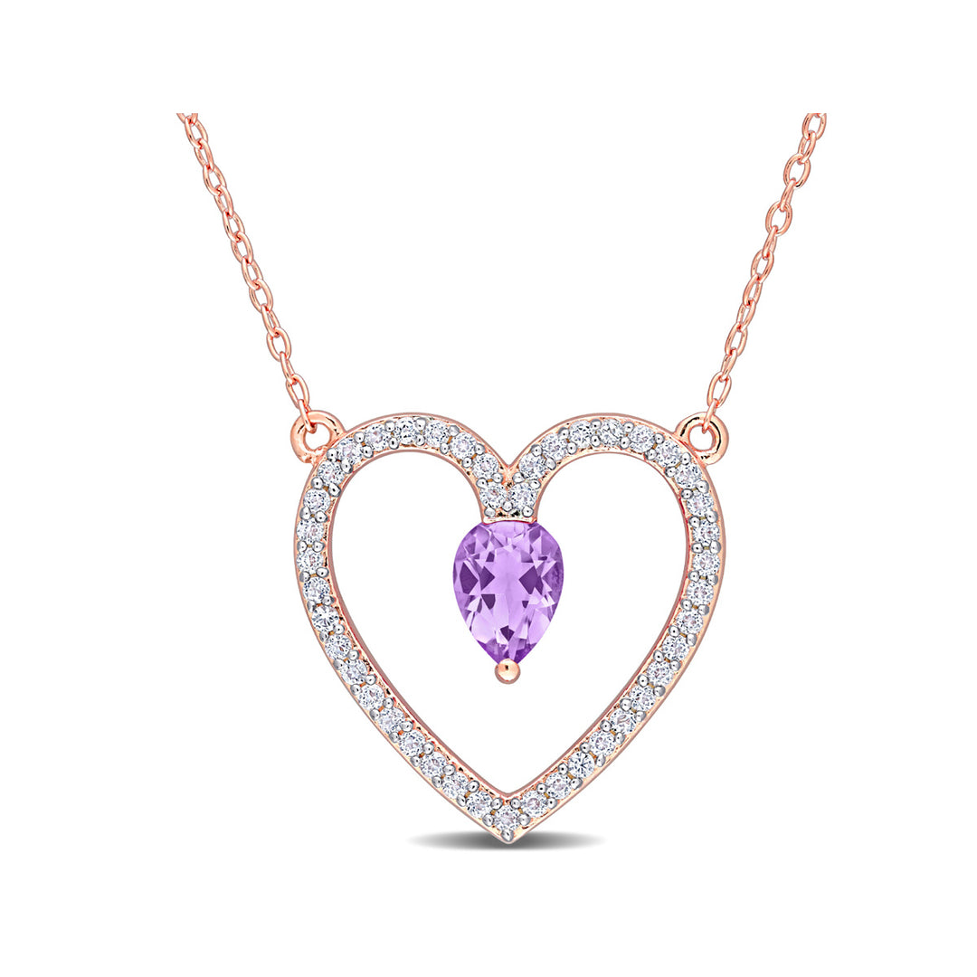 1.13 Carat (ctw) Amethyst and White Topaz Heart Pendant Necklace in Rose Plated Sterling Silver with Chain Image 1
