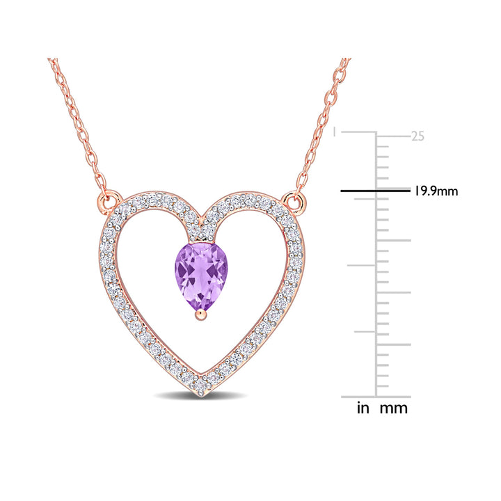 1.13 Carat (ctw) Amethyst and White Topaz Heart Pendant Necklace in Rose Plated Sterling Silver with Chain Image 2