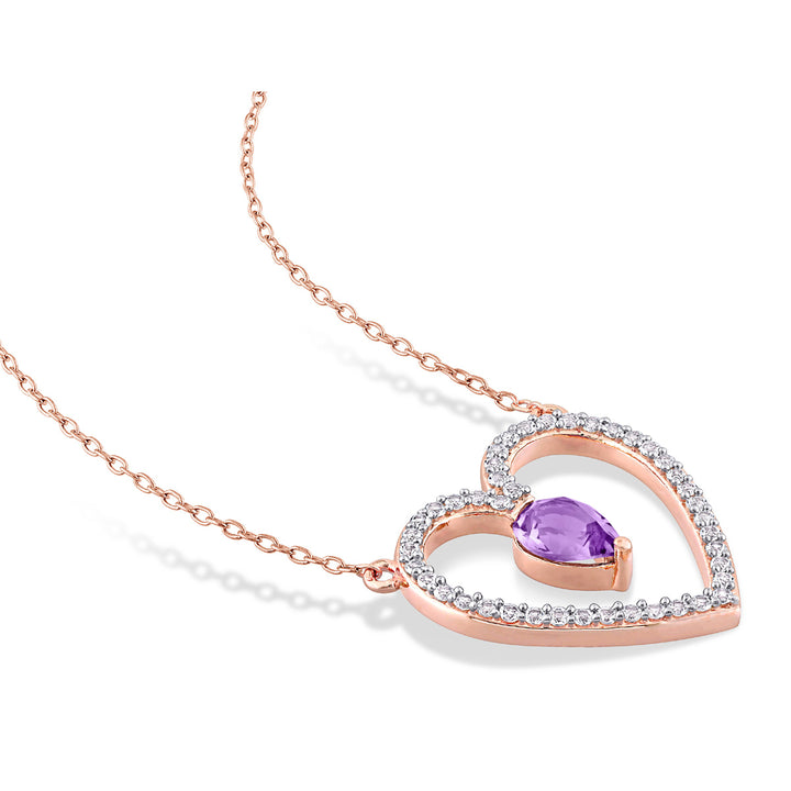 1.13 Carat (ctw) Amethyst and White Topaz Heart Pendant Necklace in Rose Plated Sterling Silver with Chain Image 3