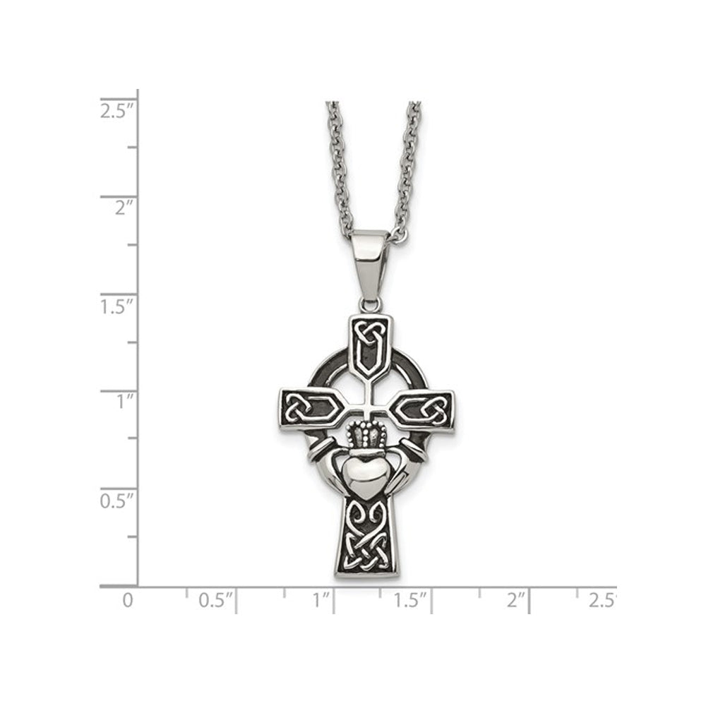 Stainless Steel Antiqued Claddagh Cross Pendant Necklace with Chain Image 3