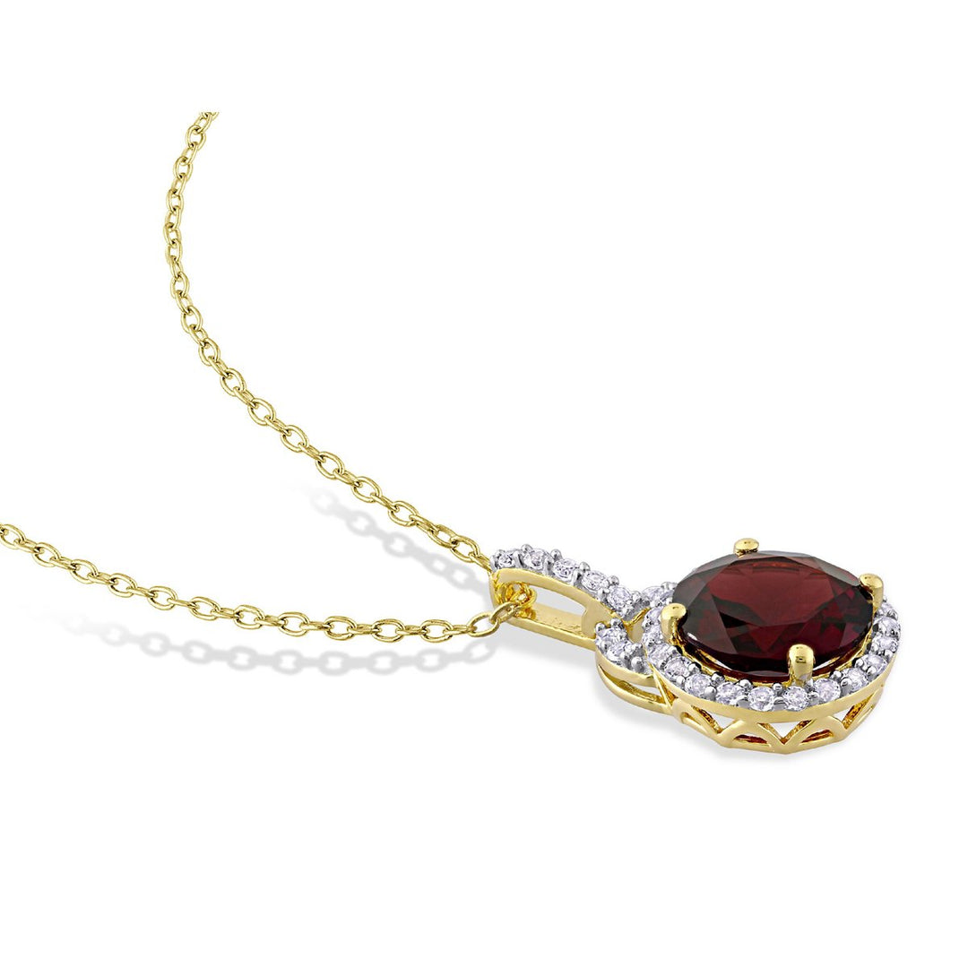 3.00 Carat (ctw) Garnet Halo Pendant Necklace in Yellow Plated Sterling Silver with Chain Image 3