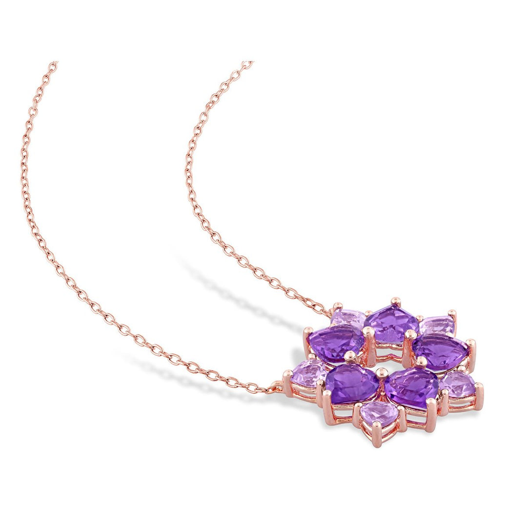 4.75 Carat (ctw) Amethyst and African Amethyst Floral Pendant Necklace in Rose Plated Sterling Silver with Chain Image 3