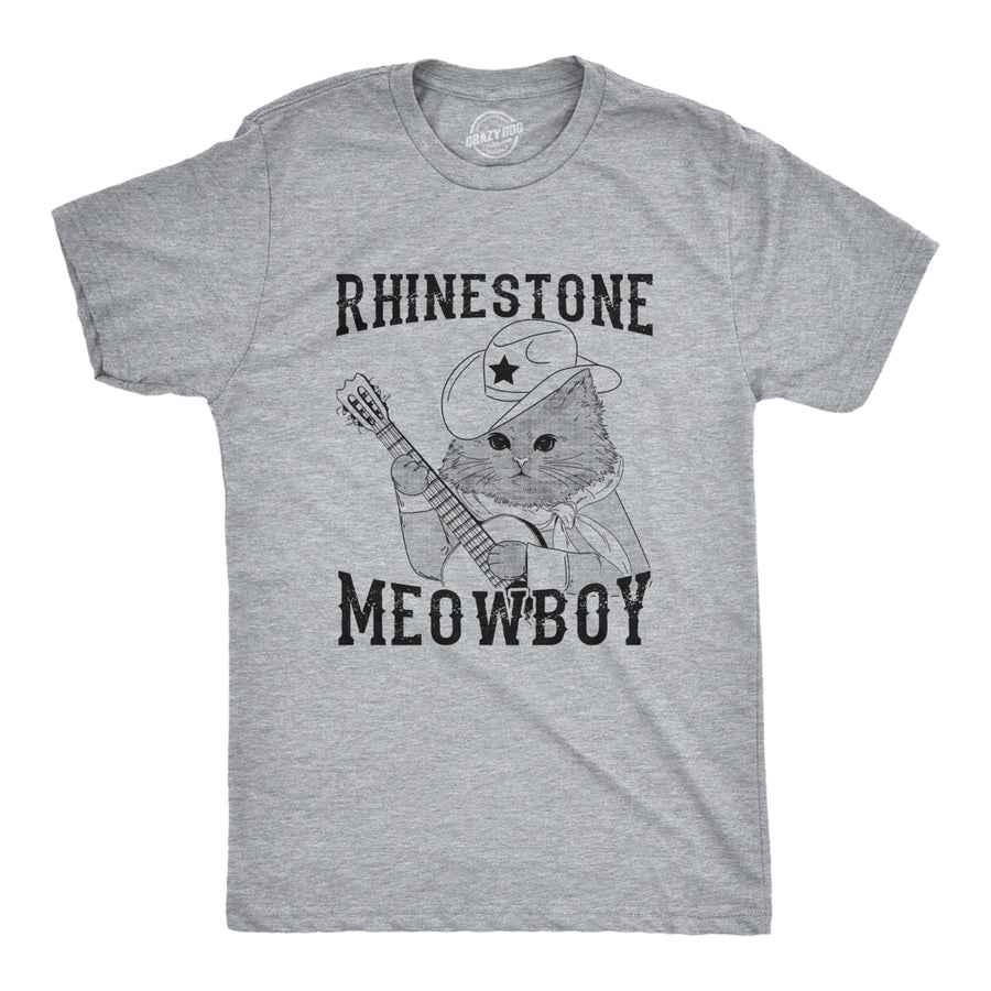 Mens Rhinestone Meowboy T Shirt Funny Cute Kitten Cowboy Novelty Tee For Guys Image 1