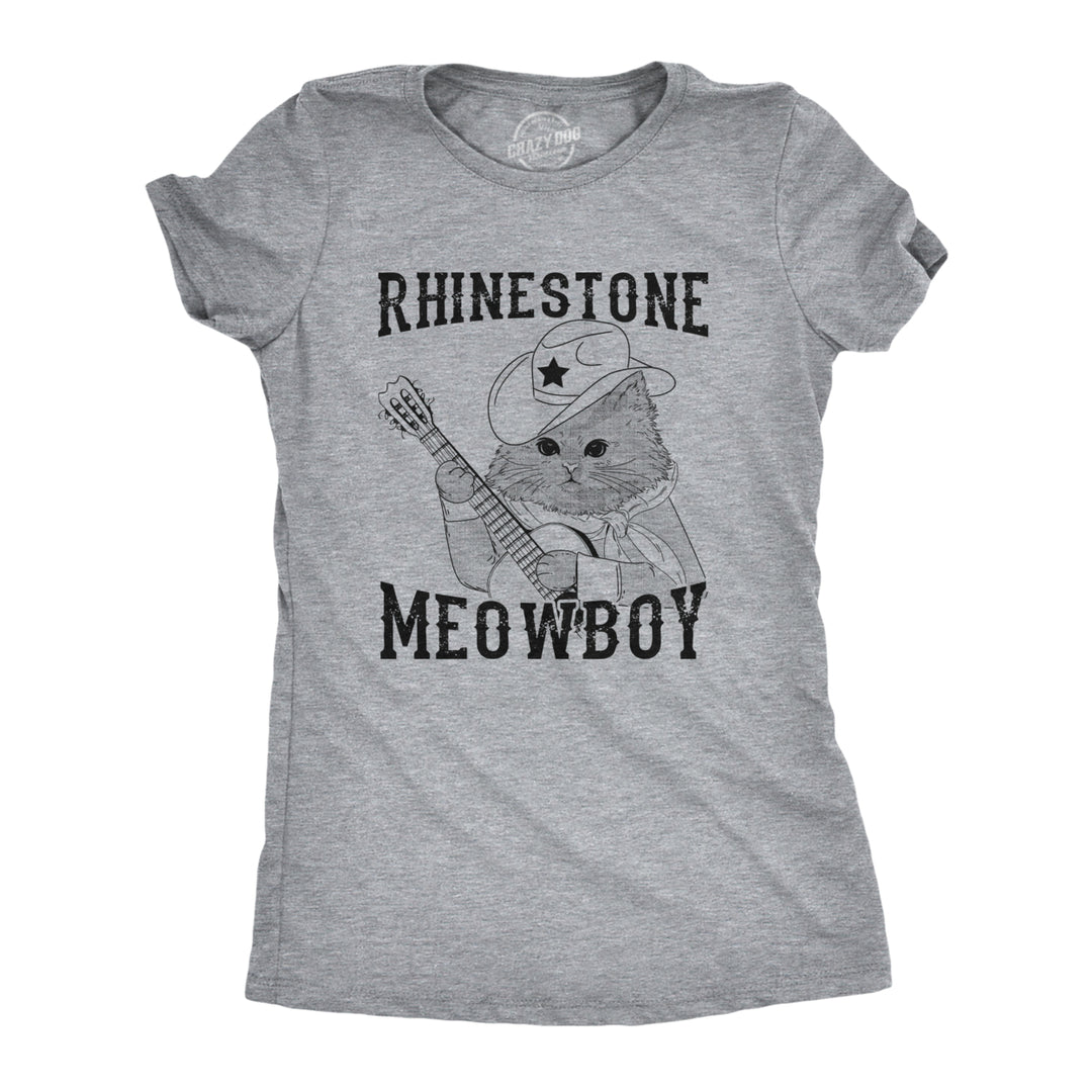 Womens Rhinestone Meowboy T Shirt Funny Cute Kitten Cowboy Novelty Tee For Ladies Image 1