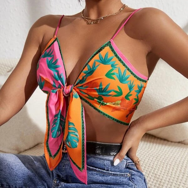 Plunging Neck Tie Backless Floral Halter Top Image 4