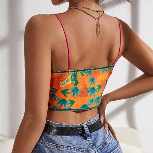 Plunging Neck Tie Backless Floral Halter Top Image 6