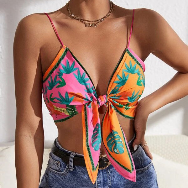 Plunging Neck Tie Backless Floral Halter Top Image 8