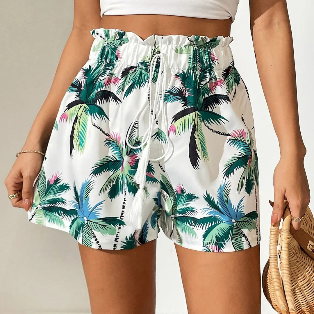 Tropical Print Knot Front Paperbag Waist Wide Leg Shorts Image 4