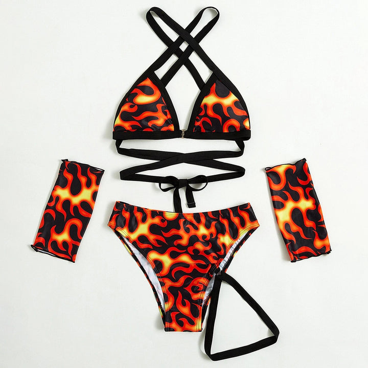 Fire Pattern Criss Cross Bikini Swimsuit With 1pair Oversleeves Image 4