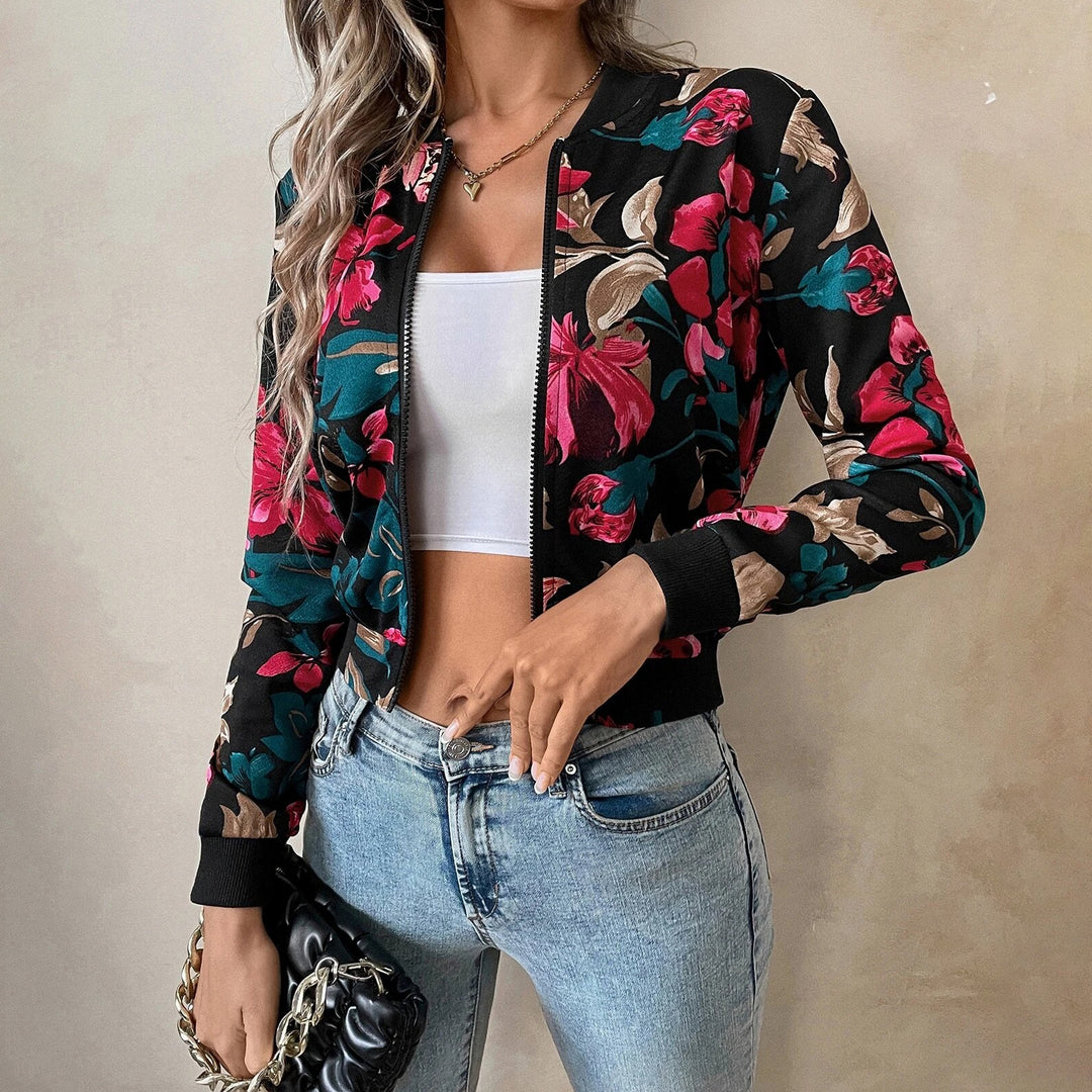 Floral Print Zip Up Crop Bomber Jacket Image 1