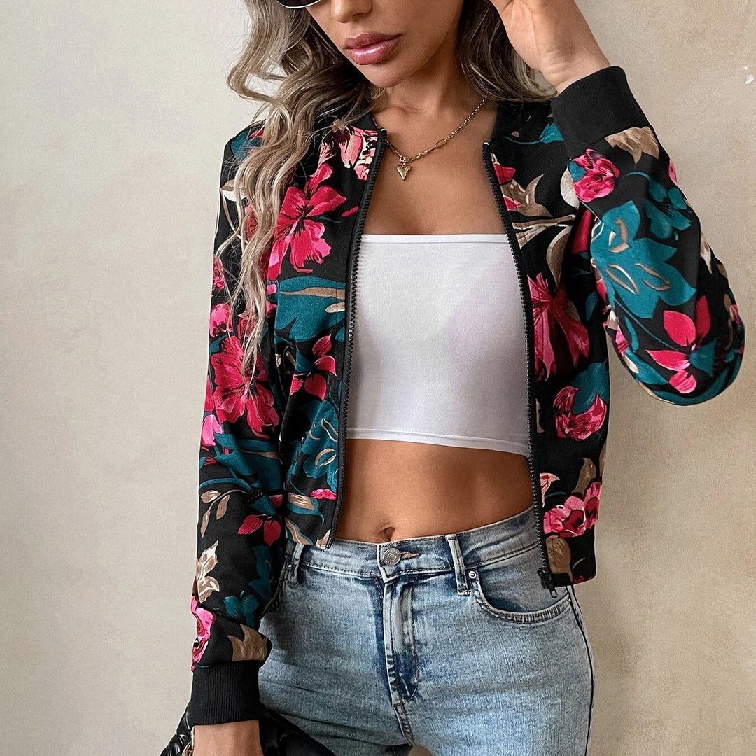 Floral Print Zip Up Crop Bomber Jacket Image 4