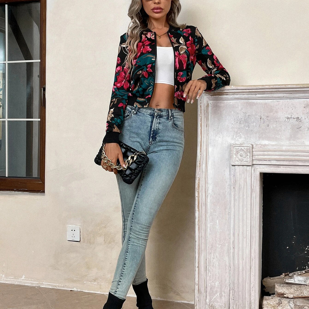 Floral Print Zip Up Crop Bomber Jacket Image 6