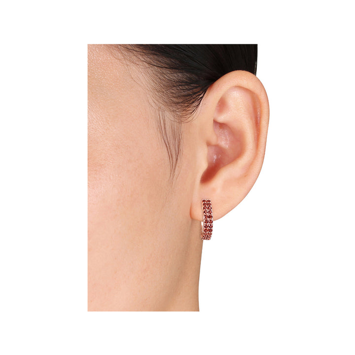 1.92 Carat (ctw) Garnet Double Row Hoop Earrings in 10K Rose Pink Gold Image 3