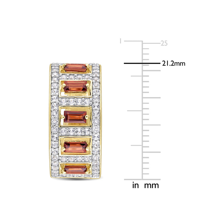 1.80 Carat (ctw) Garnet Hoop Earrings in Yellow Plated Sterling Silver with White Topaz Image 2