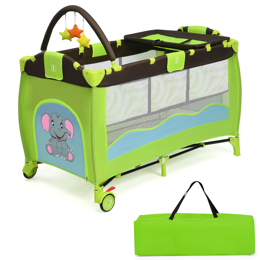 Green Baby Crib Playpen Playard Pack Travel Infant Bassinet Bed Foldable Image 1