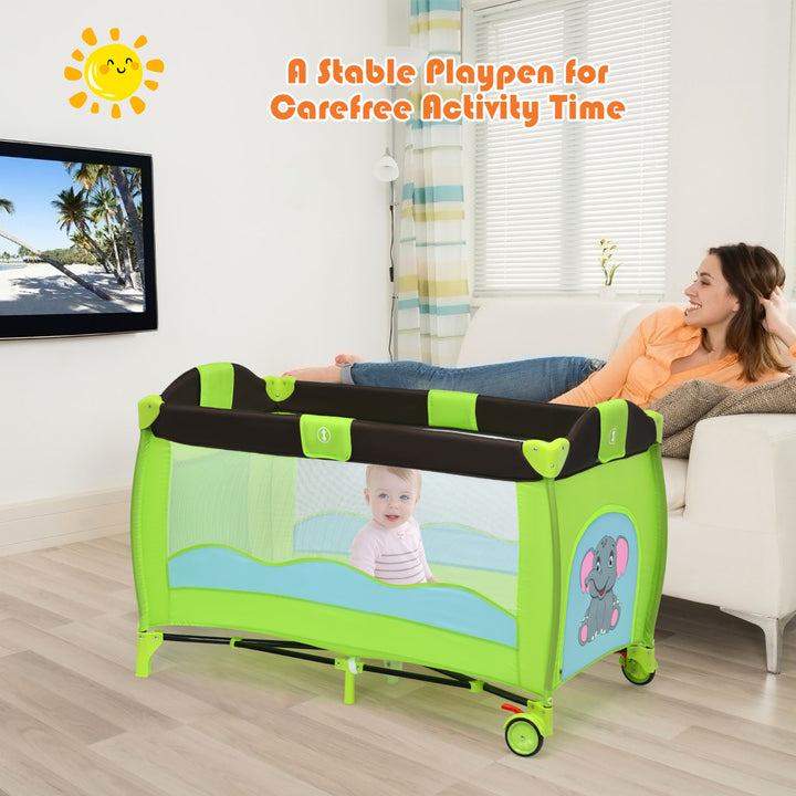 Green Baby Crib Playpen Playard Pack Travel Infant Bed Foldable Image 4