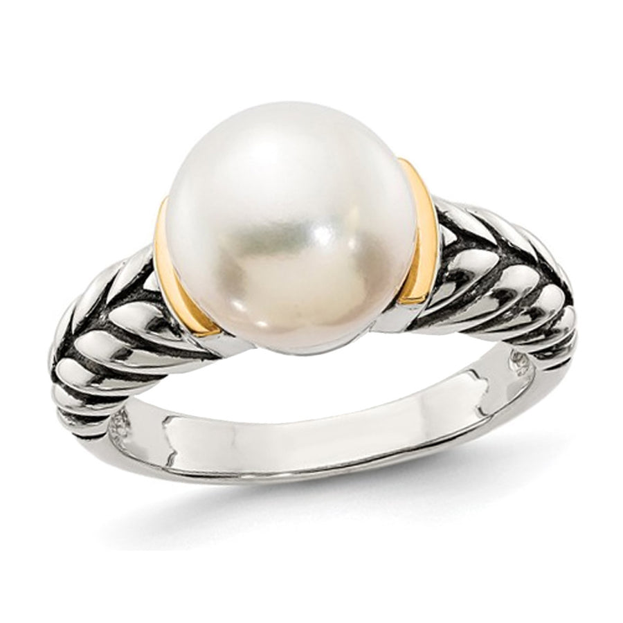 9.5-10mm Cultured Freshwater Pearl Ring in Sterling Silver with 14K Gold Accents Image 1