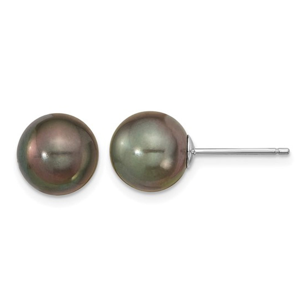 14K White Gold Saltwater Cultured Black Tahitian Pearl 9-10mm Solitaire Stud Earrings Image 1