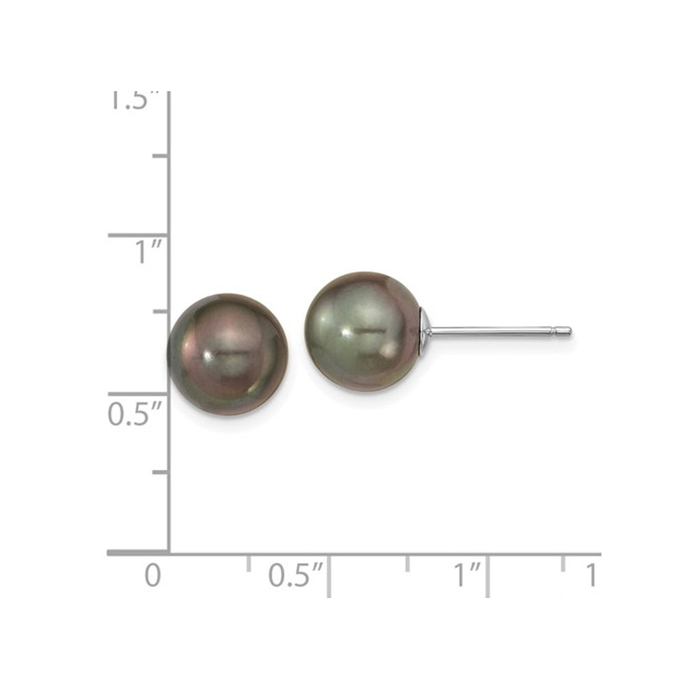 14K White Gold Saltwater Cultured Black Tahitian Pearl 9-10mm Solitaire Stud Earrings Image 2