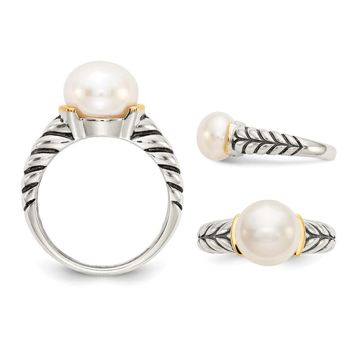 9.5-10mm Cultured Freshwater Pearl Ring in Sterling Silver with 14K Gold Accents Image 2