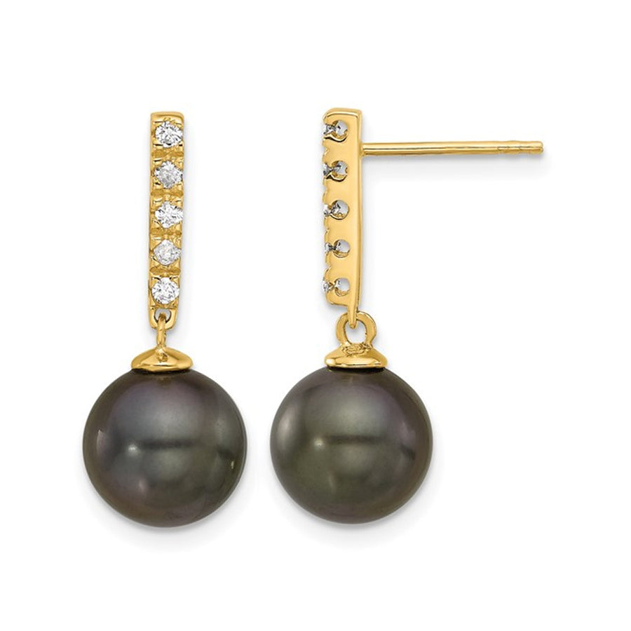 14K Yellow Gold Black Saltwater Tahitian Dangle Pearl Earrings (9-10mm) with Diamonds Image 1
