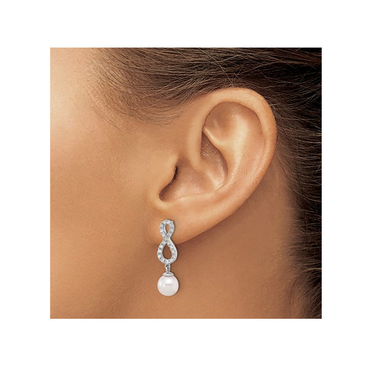 14K White Gold White Akoya Pearl Infinity Earrings (7-8mm) with Diamonds 2/5 Carat (ctw) Image 3