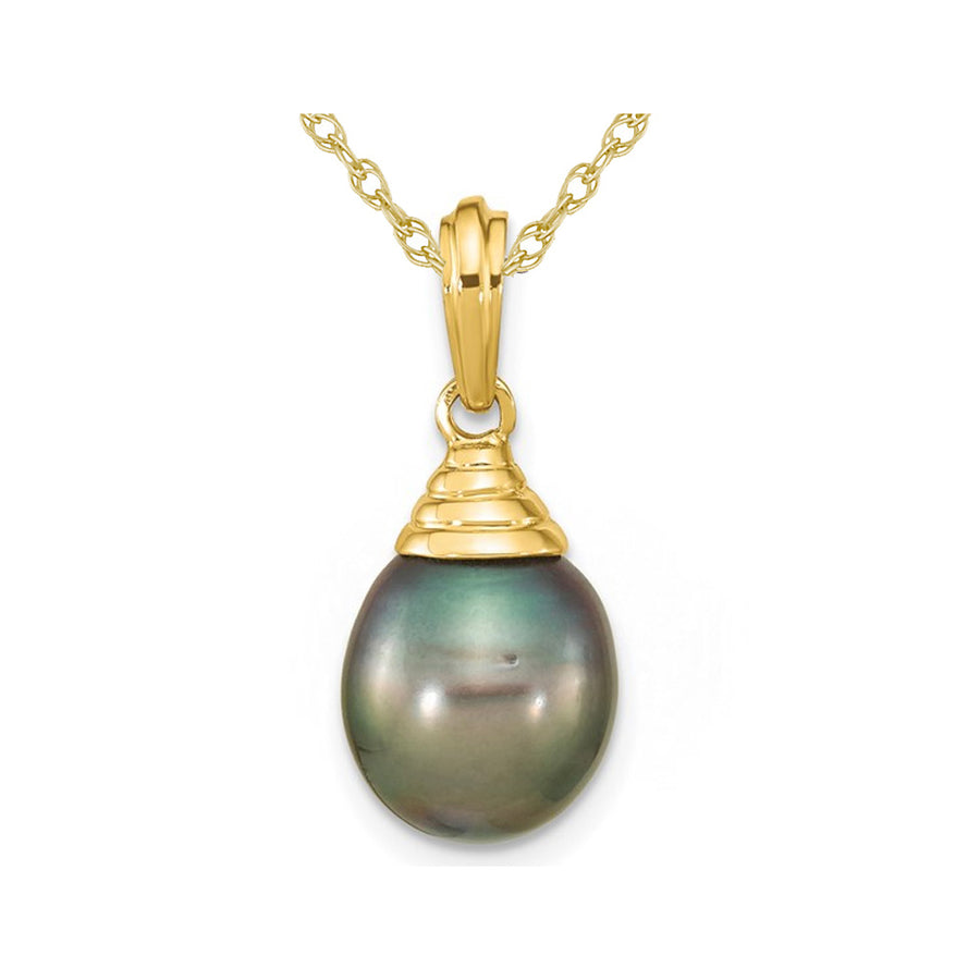 9-10mm Black Tahitian Saltwater Pearl Pendant Necklace in 14K Yellow Gold with Chain Image 1