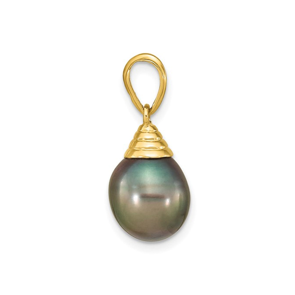 9-10mm Black Tahitian Saltwater Pearl Pendant Necklace in 14K Yellow Gold with Chain Image 3