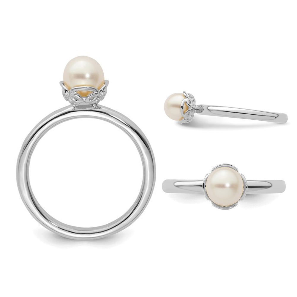 White Freshwater Cultured Pearl (6.5mm) Ring in Sterling Silver Image 4