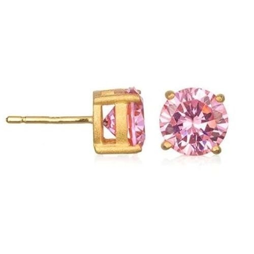 Yellow Gold Plated 8MM Round Created Pink CZ Stud Earrings Image 1