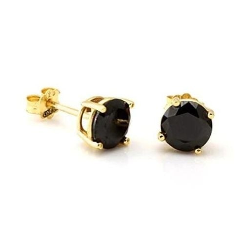 Yellow Gold Plated Round Black Simulated CZ Stud Earrings Image 1