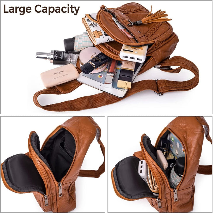 Leather Sling Bag For Women Waterproof Crossbody Bag Chest Bag Fashionable Small Backpack Purse For Travel Hiking Image 3