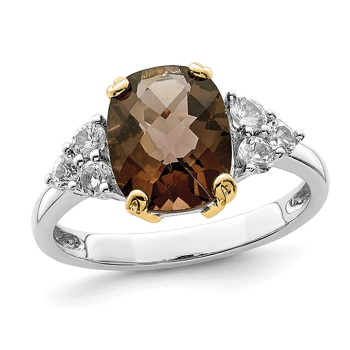 3.00 Carats (ctw) Smoky Quartz and Created Synthetic White Topaz Ring in Sterling Silver Image 1