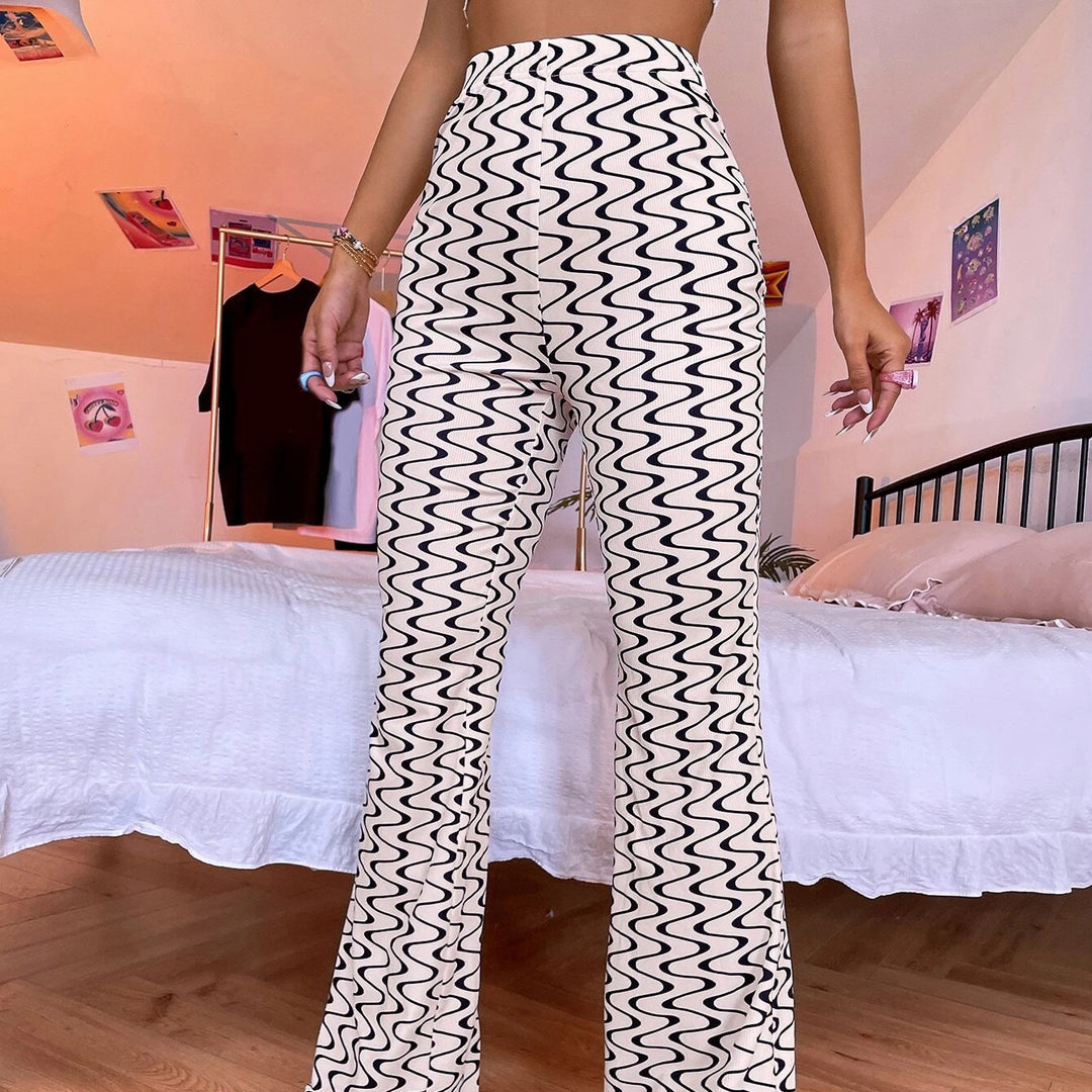 Wavy Line Print Flare Leg Pants Image 2